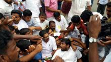 KPCC president V. M. Sudheeran stages a sit in before Secretariat in protest against police action on Tuesday