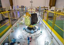 GSAT-15 is being positioned on launch vehicle VA227 at French Guiana Photo courtesy:Arianespace