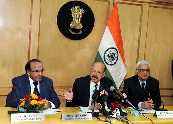 Chief Election Commissioner Nasim Zaidi along with Election Commissioners A.K. Joti and O.P. Rawat addressing a press conference, in New Delhi on March 4, 2016