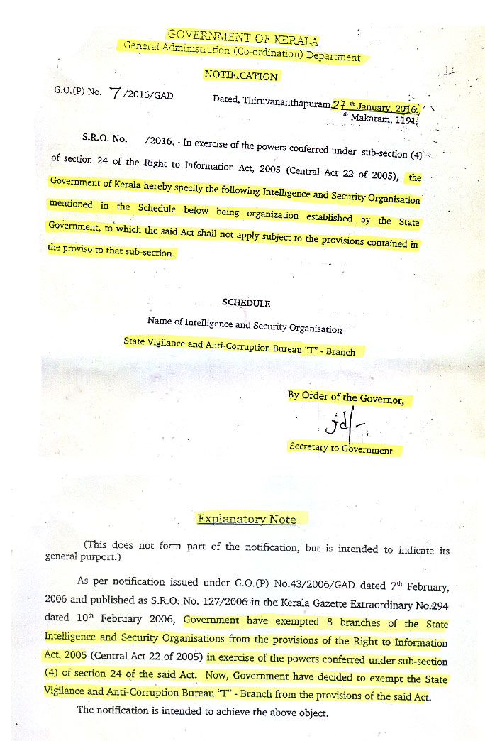 Notification excluding vigilance branch from RTI